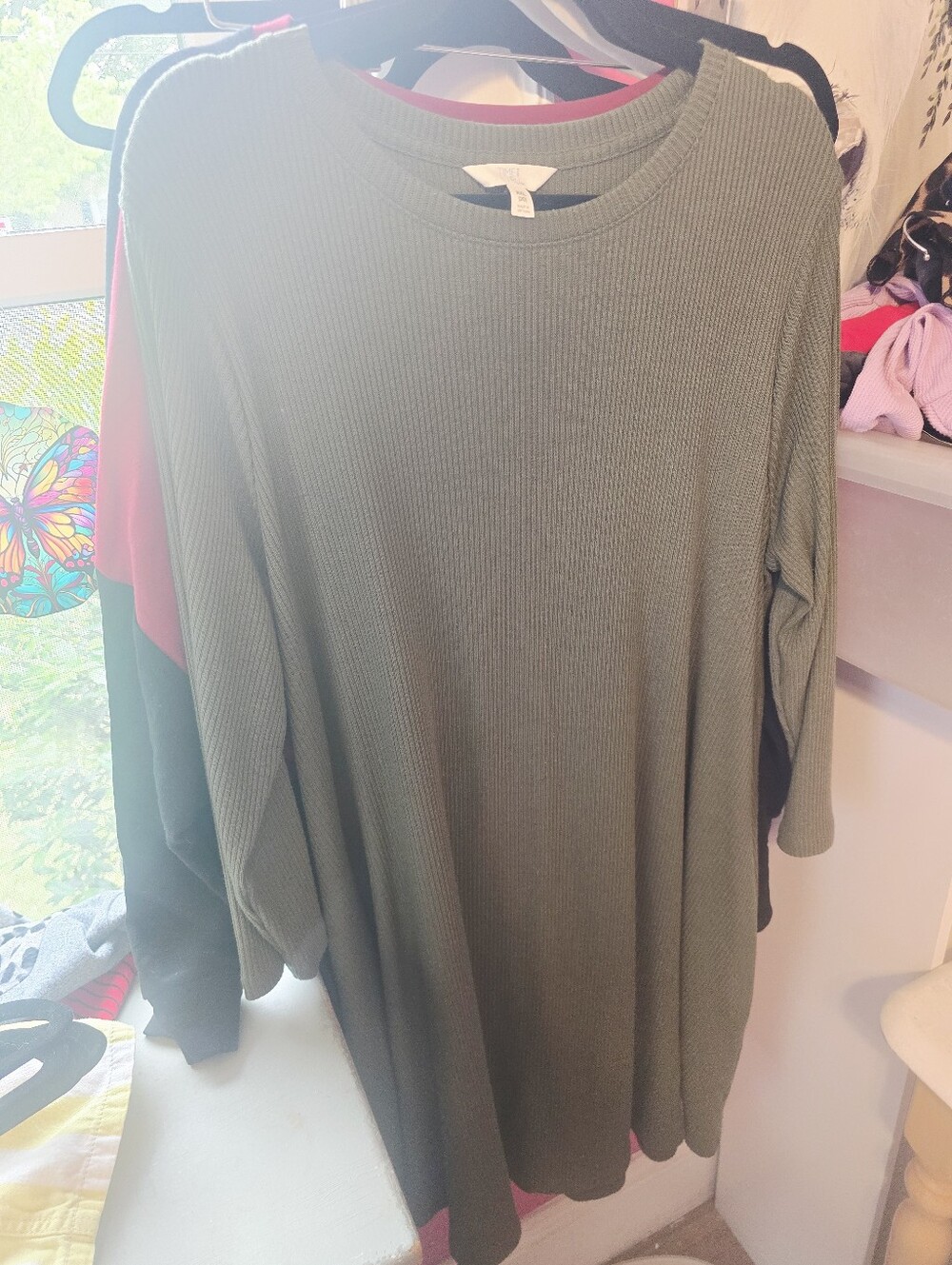 Time and Tru Ribbed 3/4 Sleeve Dress in Olive Green With Pockets Plus Curve